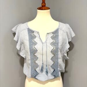 Boho Anthro Style Blue White Striped Tassel Tie Neck Flutter Sleeve Top, Size S